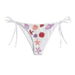 Oceanus Swimwear Helia White Beaded Seashell  Side Tie Bikini Bottom Small